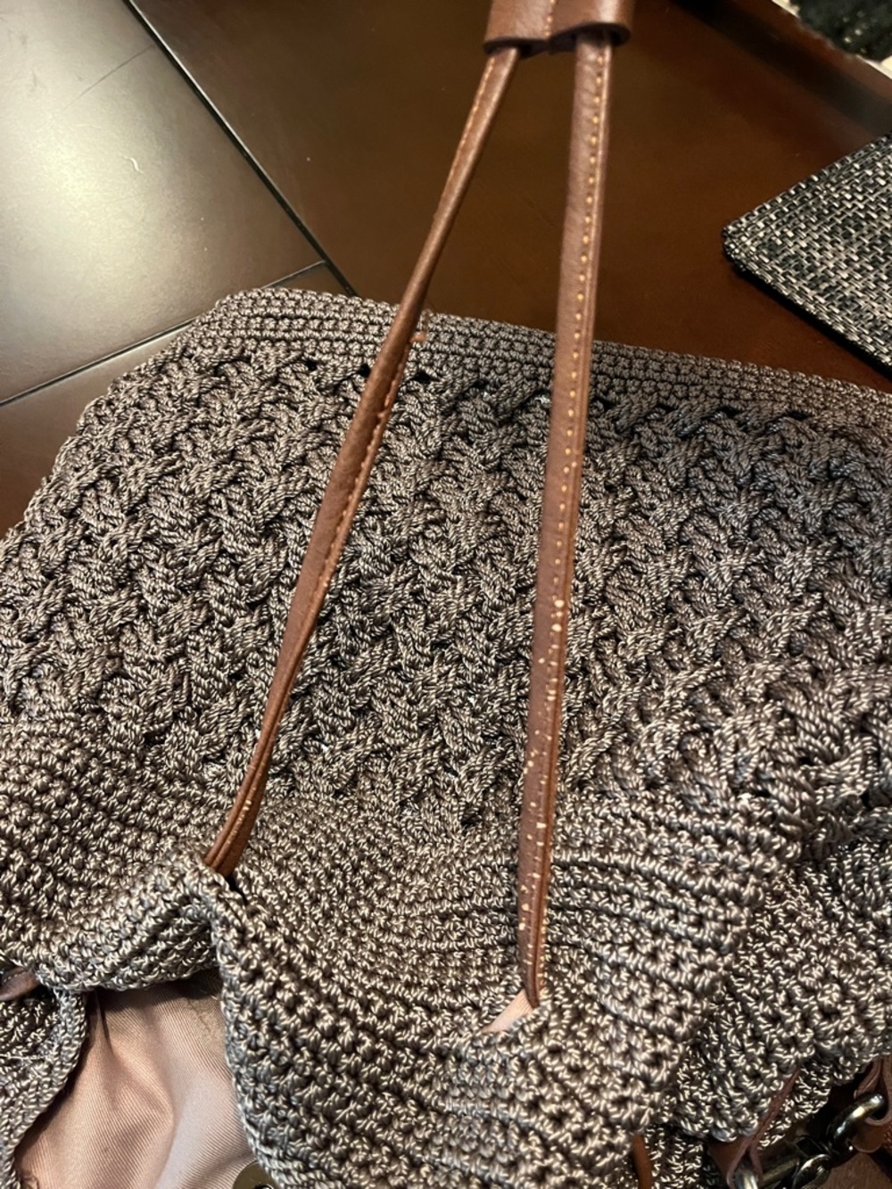 The Sak Brown and Gray Crochet Woven backpack purse with Tassel Strap - Picture 10 of 15